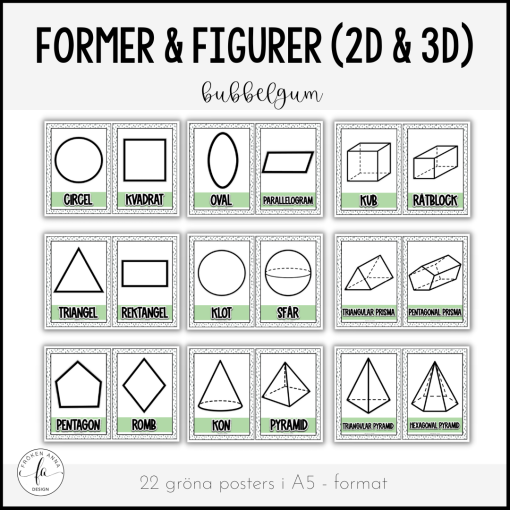 Posters: Geometriska former och figurer 2D & 3D (grön - bubbelgum)