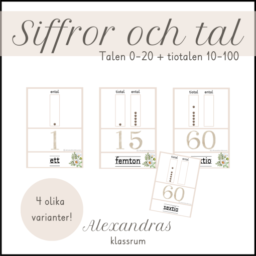 Siffror och tal 0-20 + tiotalen 10-100