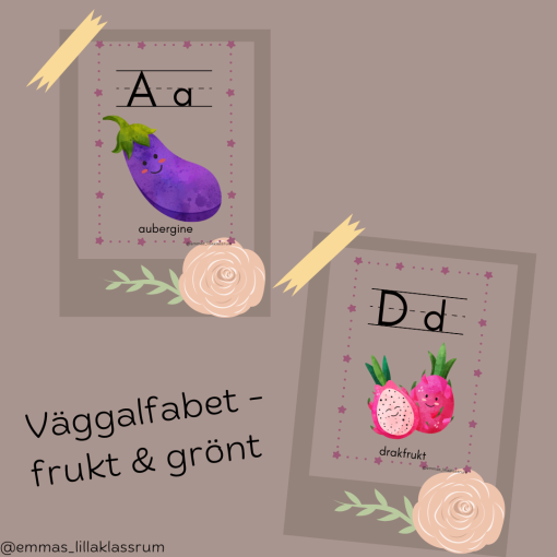Väggalfabet - frukt & grönt (med stödlinjer)