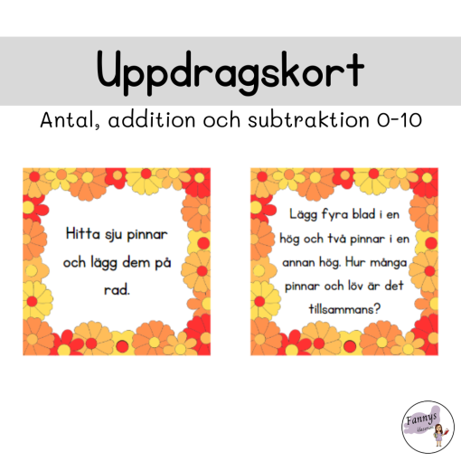 Uppdragskort antal, addition och subtraktion med talen 0-10