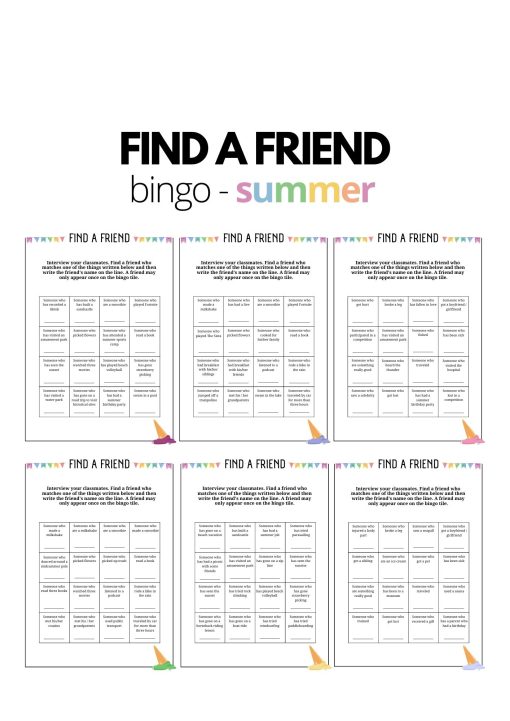 Find a friend - 13 bingo tiles with the theme summer