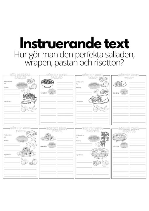 Instruerande text - 4 st olika mallar - A4 - sallad, wrap, pasta och risotto