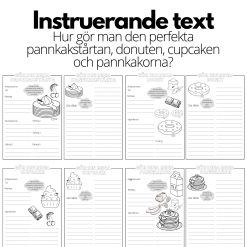 Instruerande text - 4 st olika mallar - pannkakstårta, donut, cupcake och pannkakor