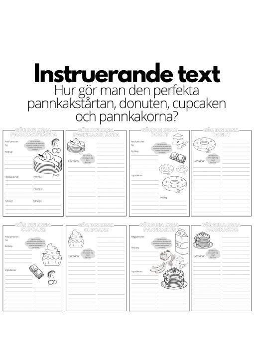 Instruerande text - 4 st olika mallar - pannkakstårta, donut, cupcake och pannkakor