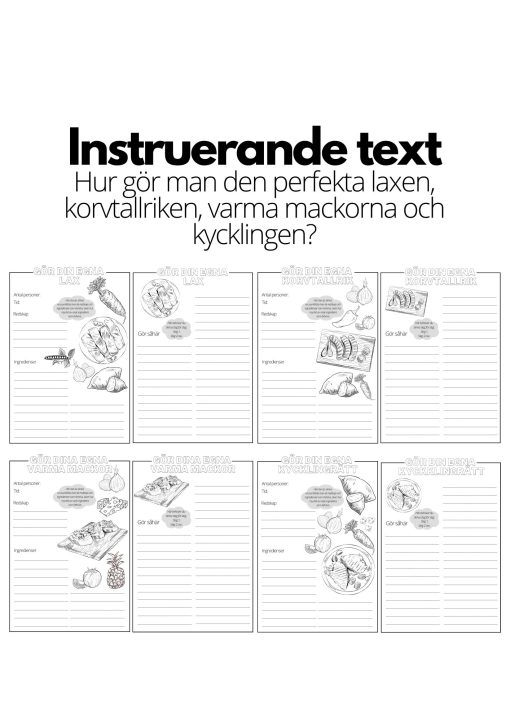 Instruerande text - 4 st olika mallar - lax, korvtallrik, varma mackor och kyckling