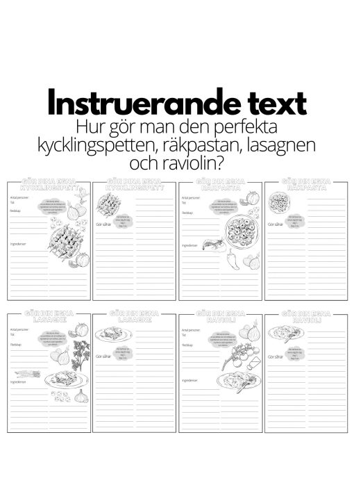 Instruerande text - 4 st olika mallar - kycklingspett, räkpasta, lasagne och ravioli