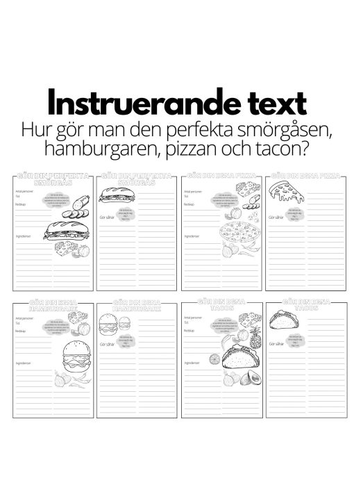 Instruerande text - 4 st olika mallar - A4 - smörgås, hamburgare, pizza och taco