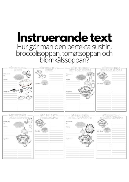 Instruerande text - 4 st olika mallar - sushin, broccolisoppa, tomatsoppa och blomkålssoppa