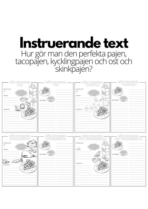 Instruerande text - 4 st olika mallar - paj, tacopaj, kycklingpaj och ost och skinkpaj