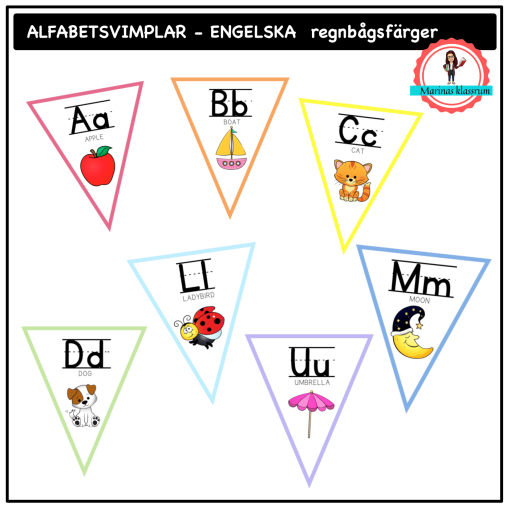 Alfabetsvimplar in English - regnbågsfärger