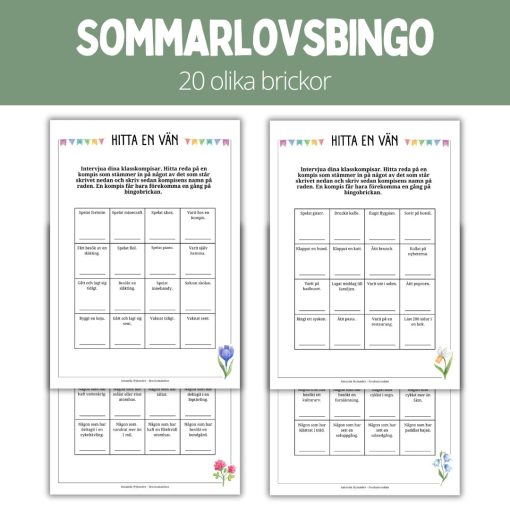 Hitta en kompis - bingo sommarlov - 20 bingobrickor