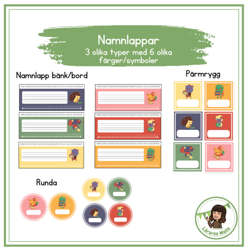 Namnlappar / namnskyltar (runda, till pärmrygg samt till bänk/bord.