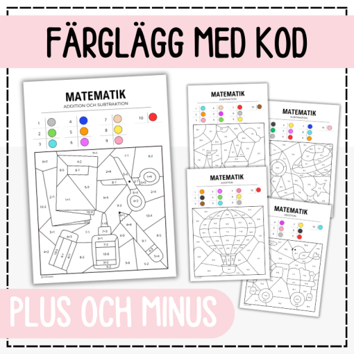 Färglägg med kod: matematik plus och minus
