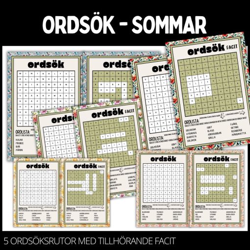 Ordgömmor – enkel - 5 st med facit – sommar – 1