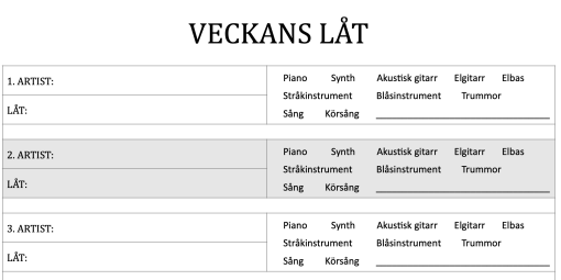 Veckans låt (lyssningsuppgift där man ringar in vad man hör för instrument)