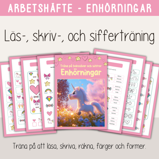 Arbetshäfte bokstäver och siffror - Tema Enhörningar