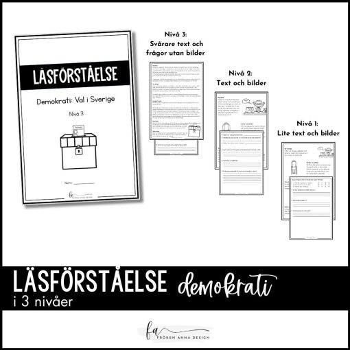 Demokrati: Läsförståelse "Val i Sverige" i tre nivåer + korsord