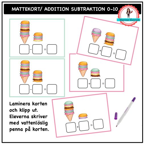 Matte-kort addition och subtraktion 0-10