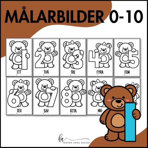 Målarbilder 0-10 med söta björnar