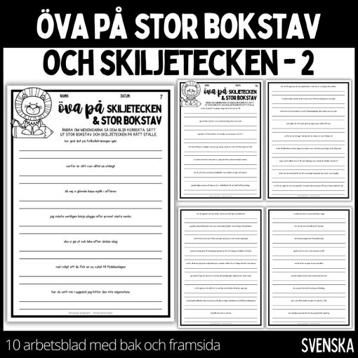 Stor bokstav & skiljetecken - 10 st arbetsblad med bak och framsida -2