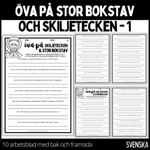 Stor bokstav & skiljetecken - 10 st arbetsblad med bak och framsida - 1