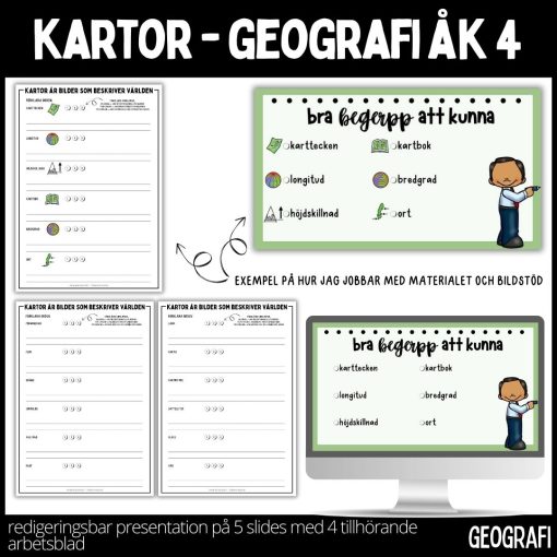 Kartor - presentation - 5 sidor - arbetsblad - 4 stycken