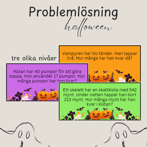 Problemlösningskort halloween- addition och subtraktion i tre olika nivåer