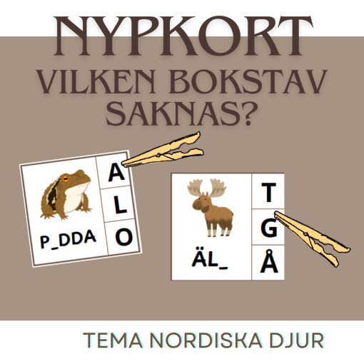 Nypkort - Vilken bokstav saknas? - tema nordiska djur
