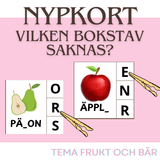 Nypkort - Vilken bokstav saknas? tema frukt & bär