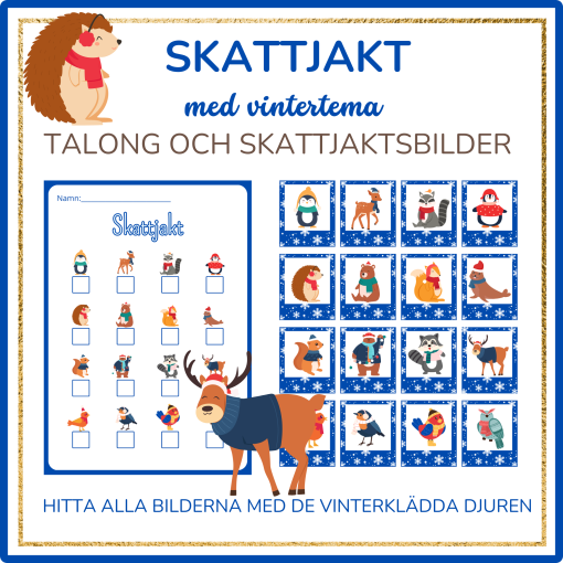 Skattjakt med vinterklädda djur, 16 bilder att hitta + talong