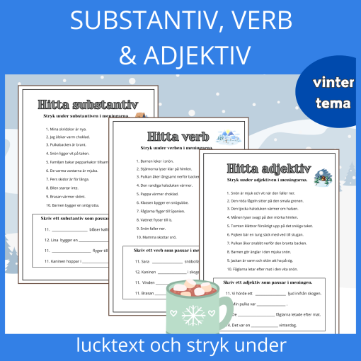 Träna på substantiv, verb och adjektiv, 3 sidor, vintertema