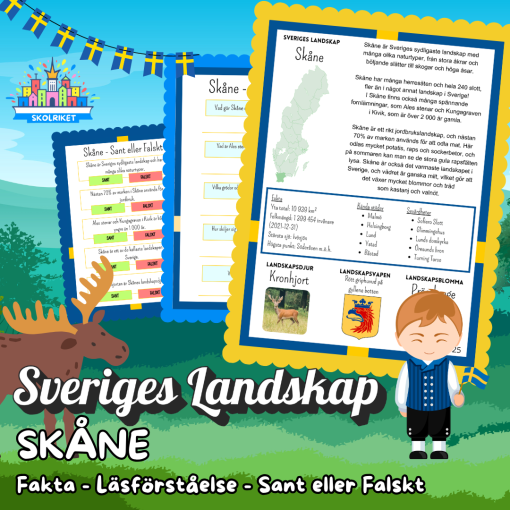 Sveriges Landskap - SKÅNE - Fakta, Läsförståelse och Sant eller Falskt-frågor!