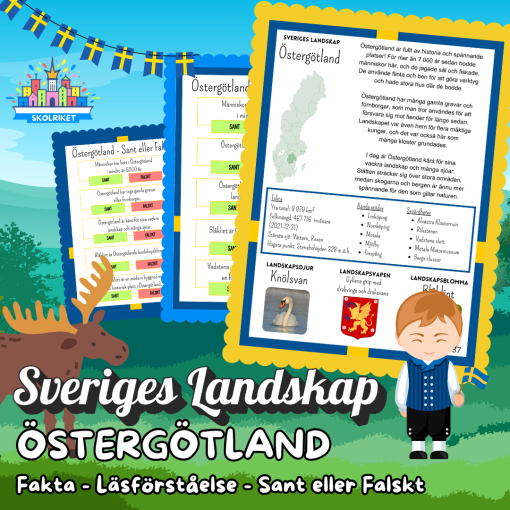 Sveriges Landskap - ÖSTERGÖTLAND - Fakta, Läsförståelse och Sant eller Falskt-frågor!