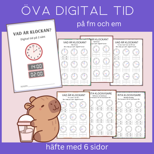 Klockan – skriv digital tid, häfte med 6 arbetsblad