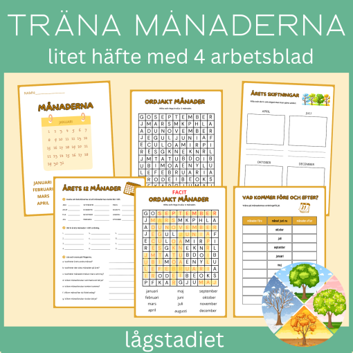 Träna årets månader, litet häfte med 4 arbetsblad, framsida och facit