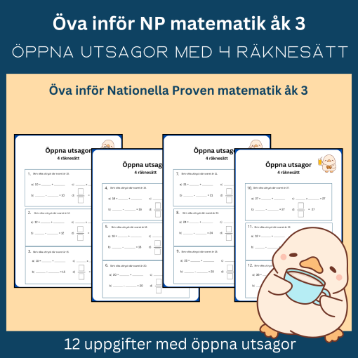Öppna utsagor, 4 räknesätt, 12 uppgifter, öva inför NP matematik åk 3