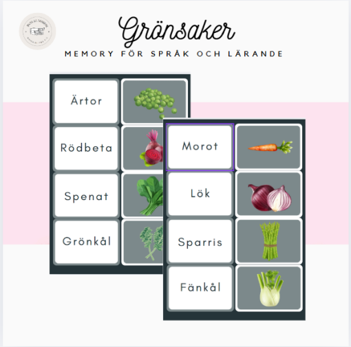 Grönsaker: Memory för språk och lärande