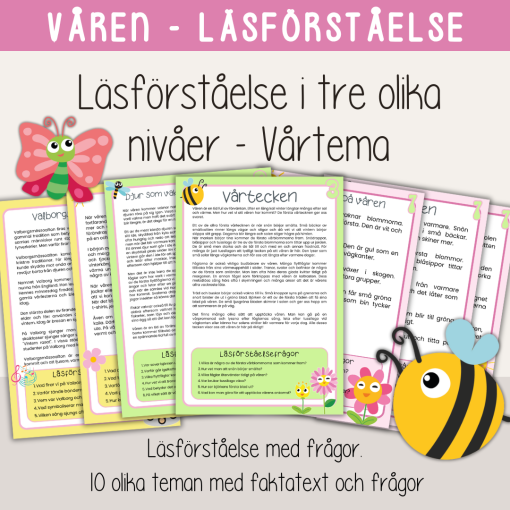 Vårtema - Läsförståelse i tre olika nivåer - Tio olika ämnen om våren.