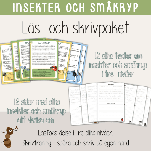 Läs- och skrivpaket - Tema insekter och småkryp - Faktatexter i 3 olika nivåer och skrivblad.